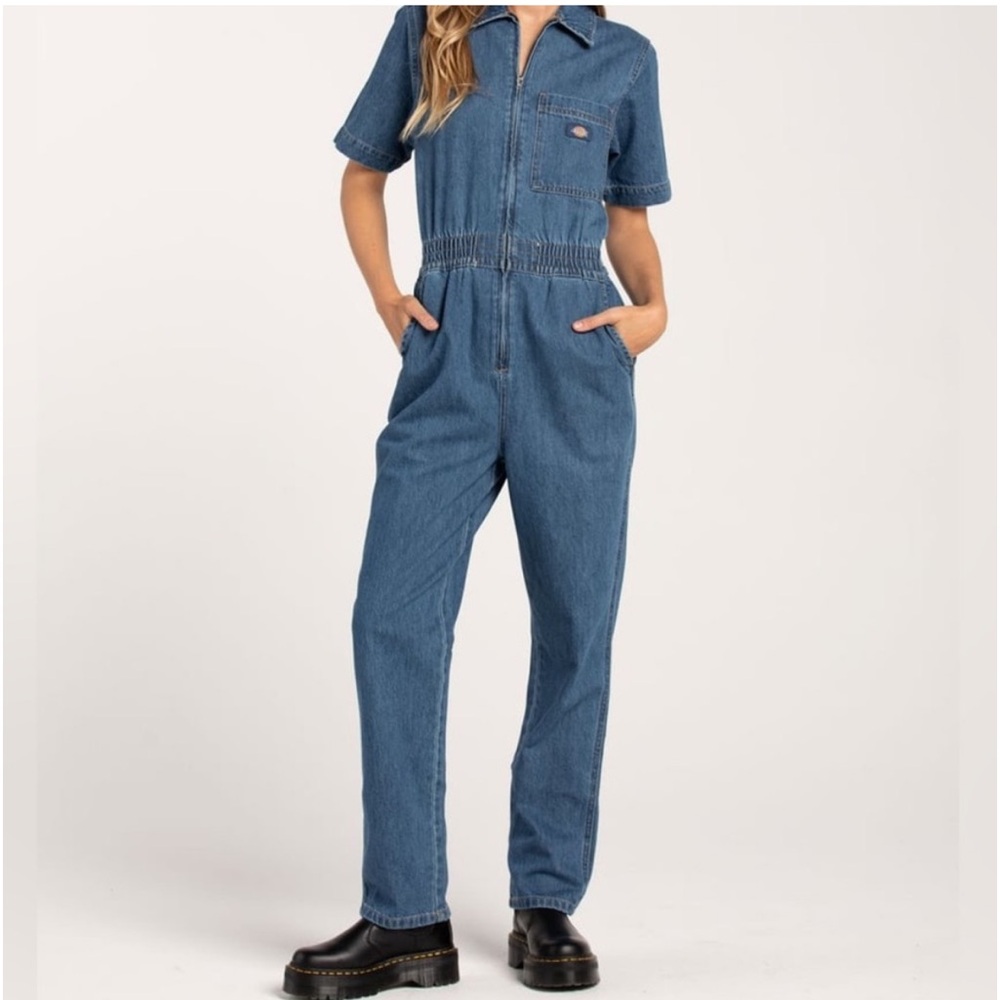 NWT DICKIES Houston Blue Denim Coveralls Jumpsuit Size Med Short Sleeve Pockets